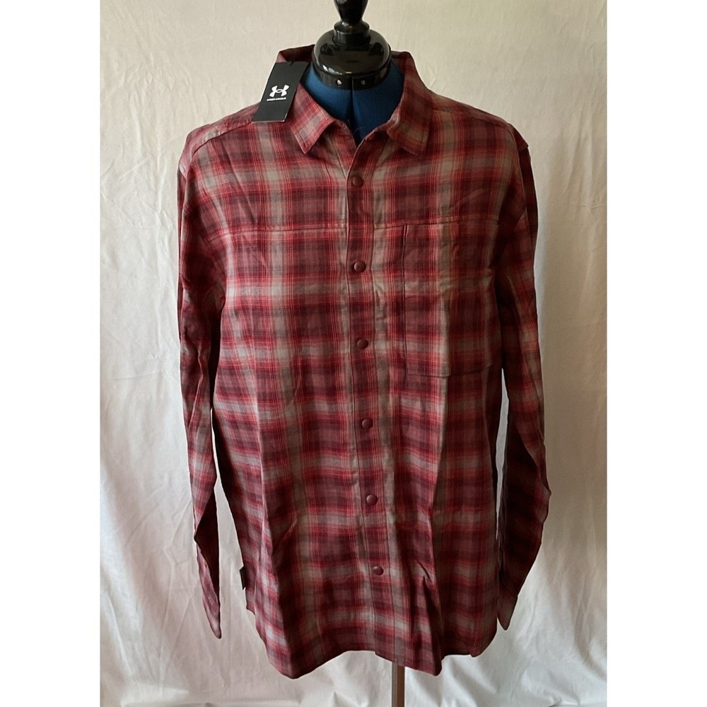 Under Armour Mens 2XL Red Grey Plaid Woven Cotton Button Up Shirt 1372600